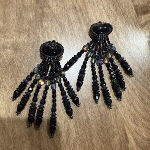 BIG VINTAGE CHIPITA AURORA BOREALIS RIVOLI CRYSTAL BEAD BLACK DANGLE EARRINGS
